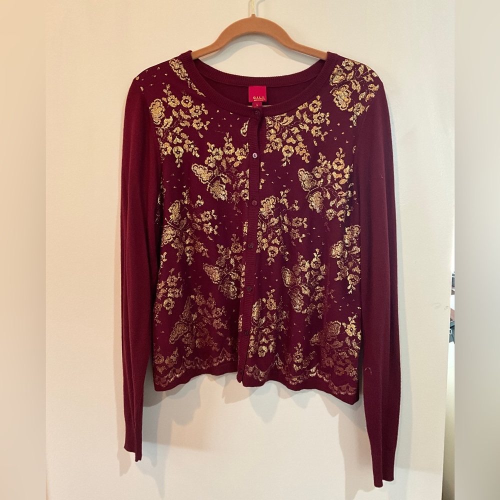 G.I.L.I. Cardigan Sweater With Gold Metallic Thread Design Size L